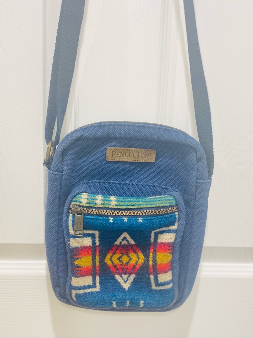 Pendleton Blue Canvas Crossbody with Multicolor Southwestern Panel
